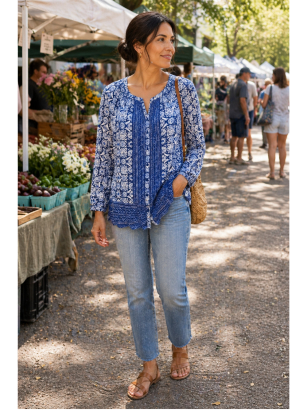 Lucky Brand Medium Rayon Floral Block Print Boho Tunic Blouse Blue White